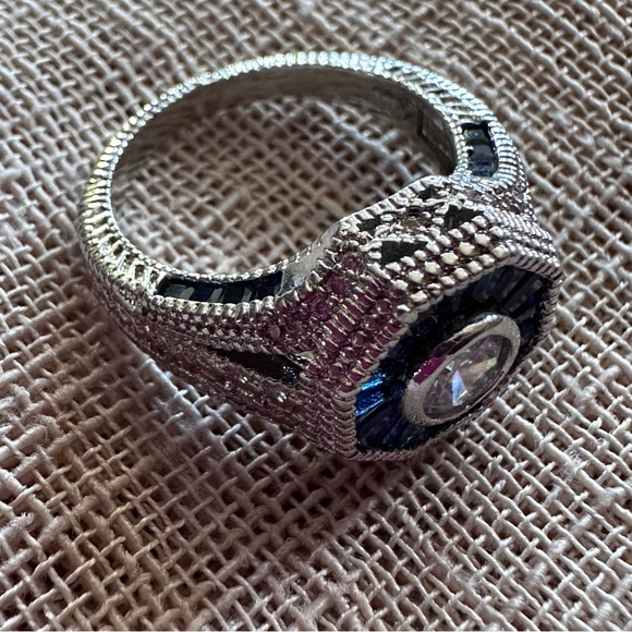 Art Deco Style Sterling Silver and Blue Gemstone Engagement Ring - Picture 3 of 10